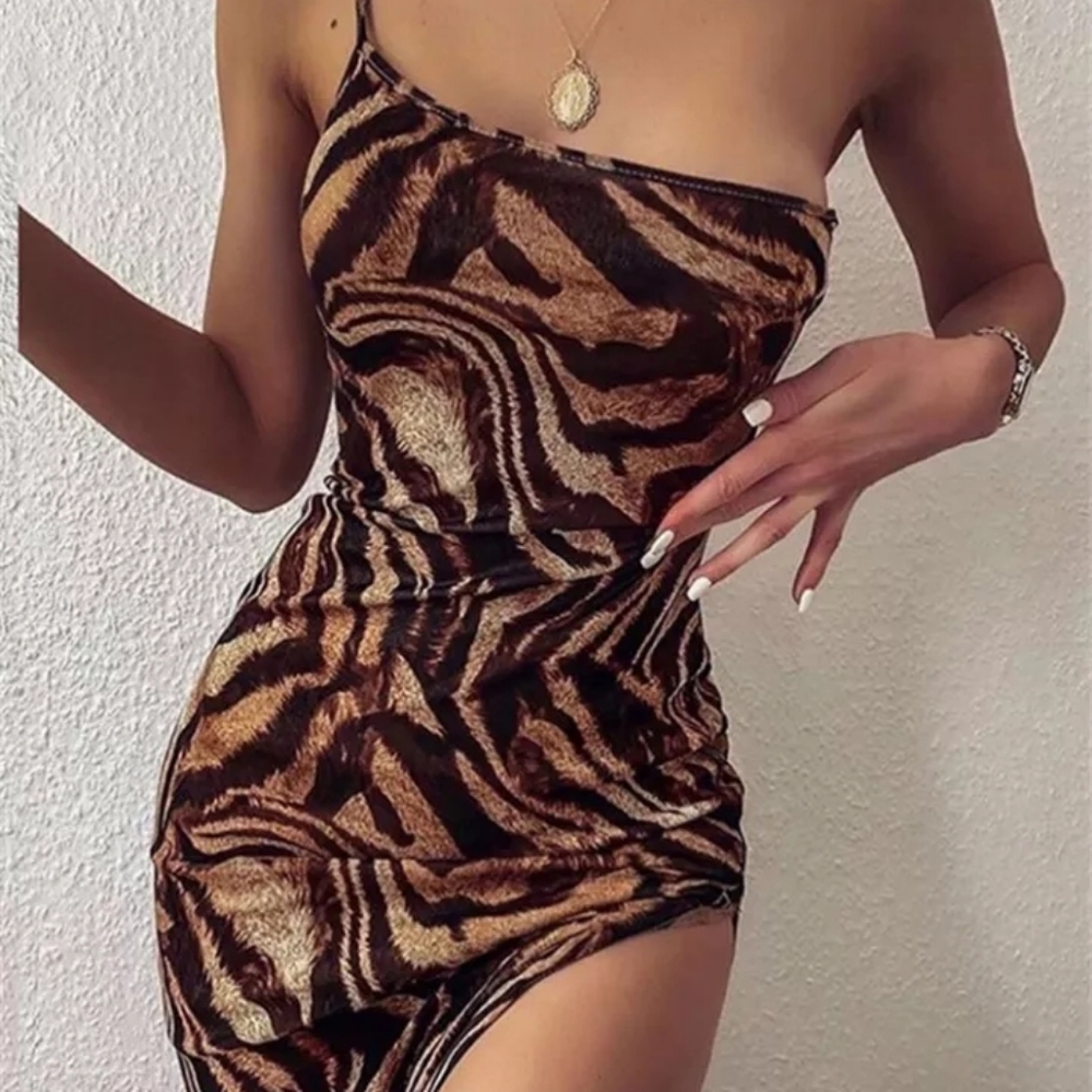 Macheda Women Fashion One-Shoulder Sling Bodycon Dress Summer Sleeveless Print